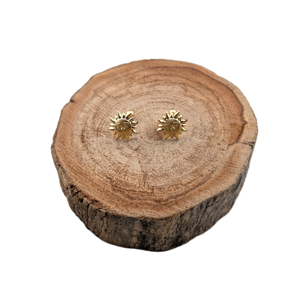 14K Solid Gold Sun Face Stud Earrings Celestial Sun ray Studs - Picture 5 of 9